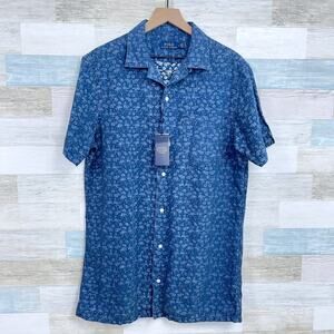 Ralph Lauren Linen Camp Collar Shirt Blue Allover Print Vacation Mens Medium